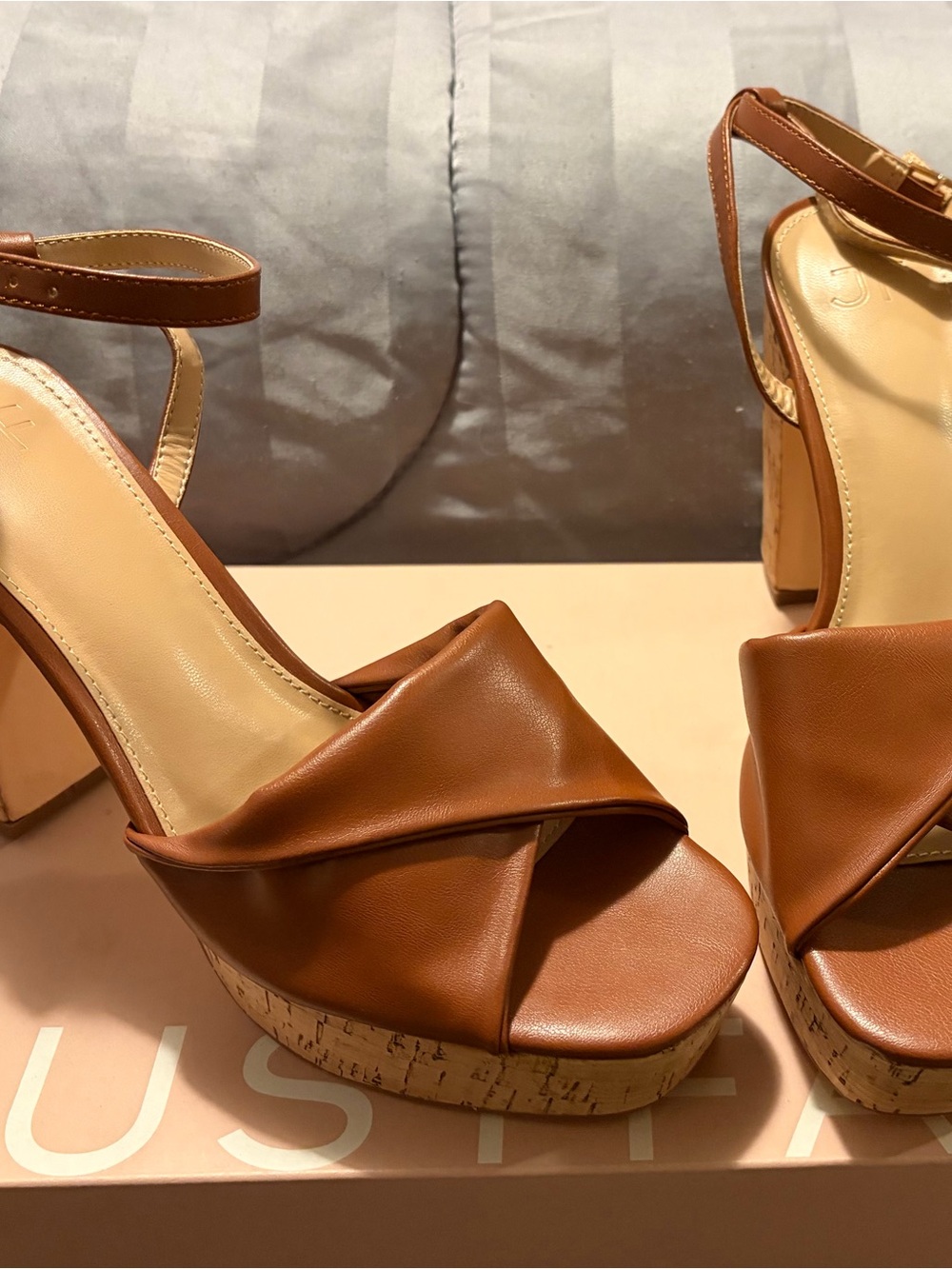 JustFab Brown Cork Platform Sandals with Ankle Strap